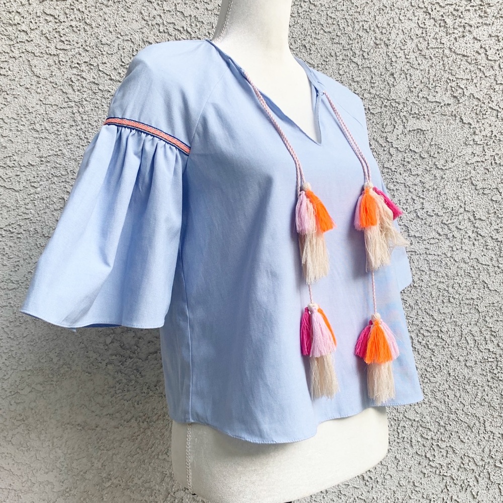 Zara Trafaluc Collection Blue Tassel Blouse S - Picture 3 of 9
